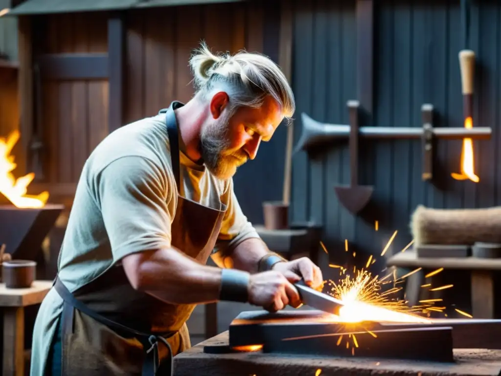 Un herrero forja una espada vikinga en su taller, rodeado de herramientas y materiales medievales