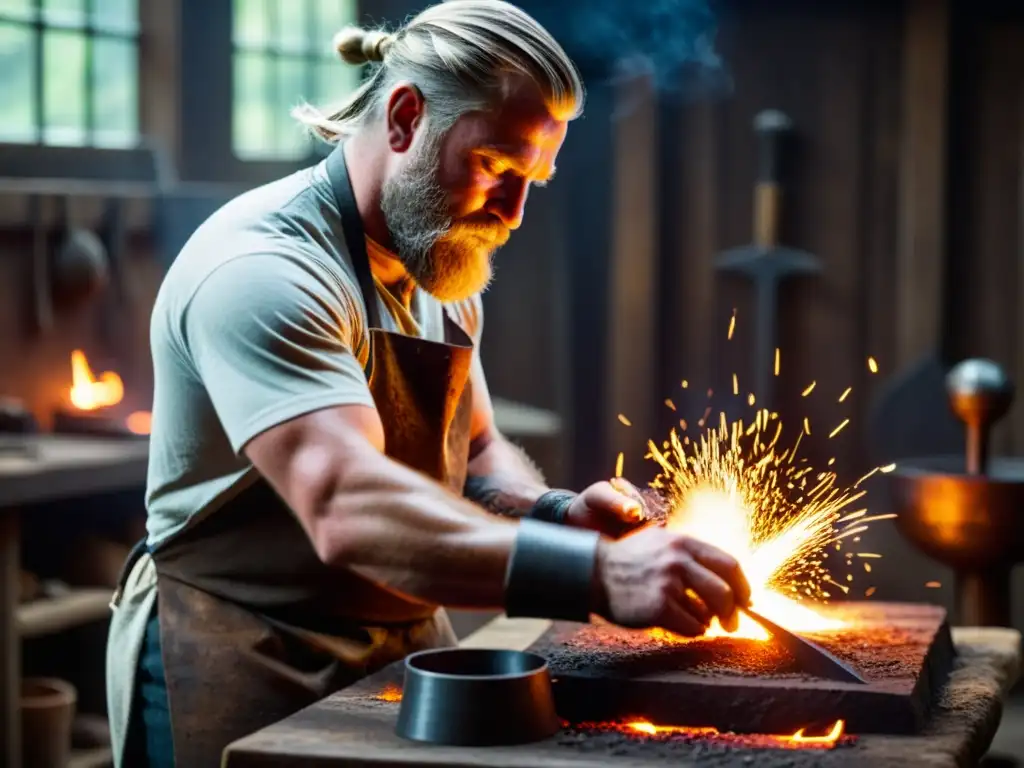 Un herrero experto forja un amuleto vikingo en una forja iluminada por brasas, capturando la antigua artesanía