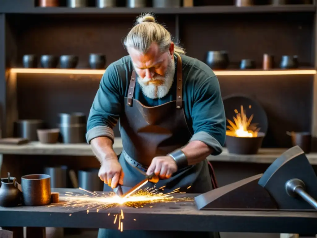 Un herrero experto elabora una armadura vikinga en su taller, rodeado de herramientas y piezas de metal, reflejando la dedicación a los detalles