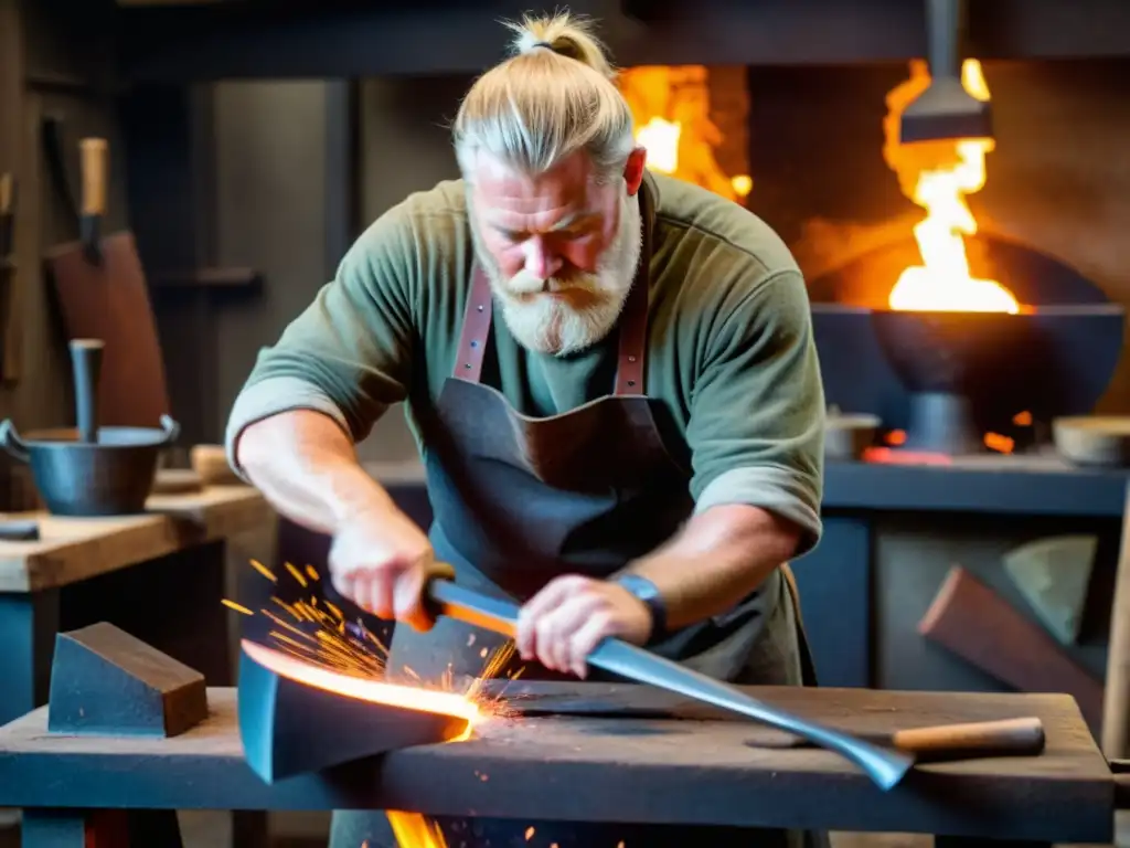 Un herrero experto forja con detalle una réplica de hacha vikinga en un taller nórdico tradicional