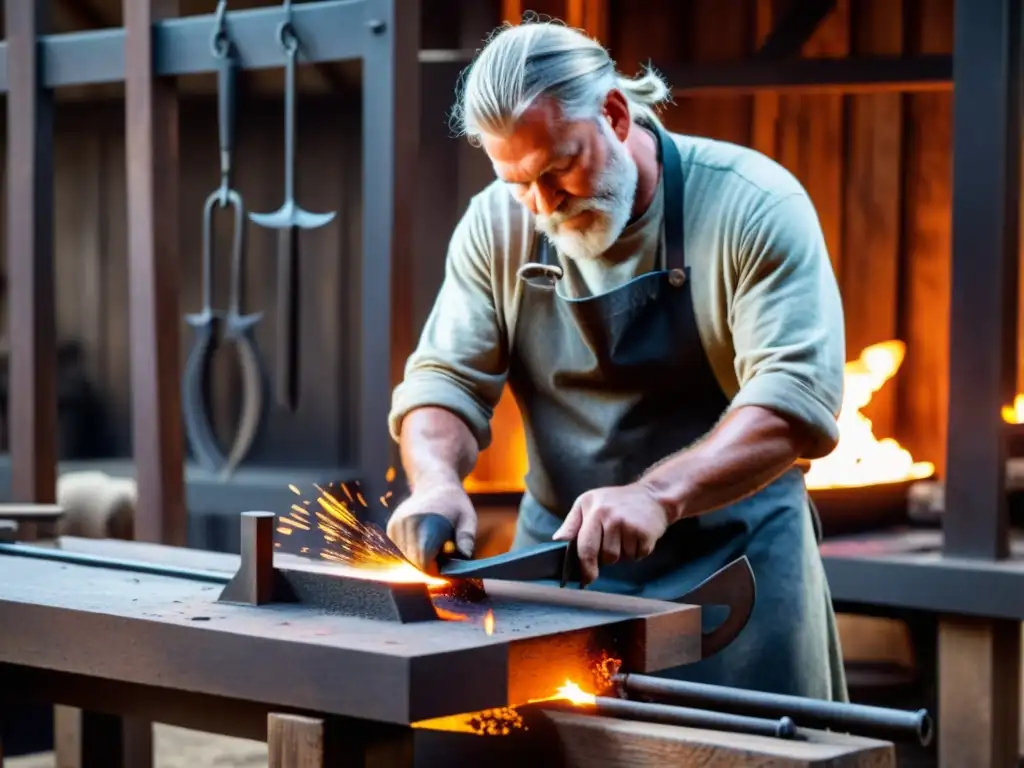 El herrero experto forja diseños de hierro para muebles estilo vikingo en un taller rústico