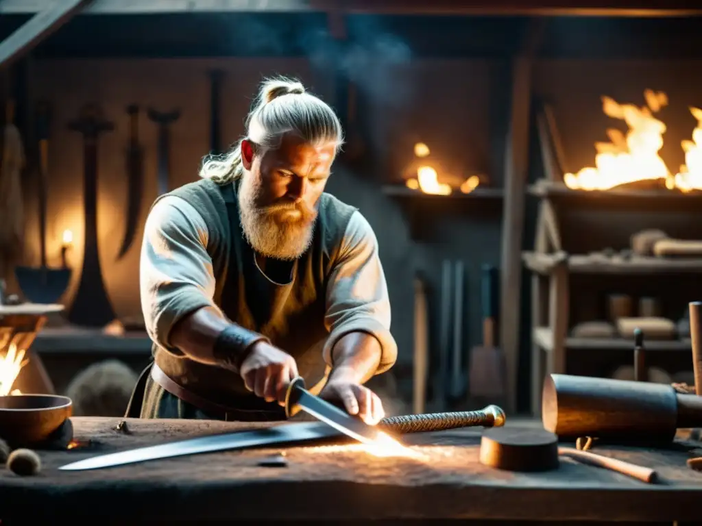 Un herrero experto forja una espada vikinga en un taller oscuro, rodeado de herramientas tradicionales, reflejando la luz del fuego en la hoja