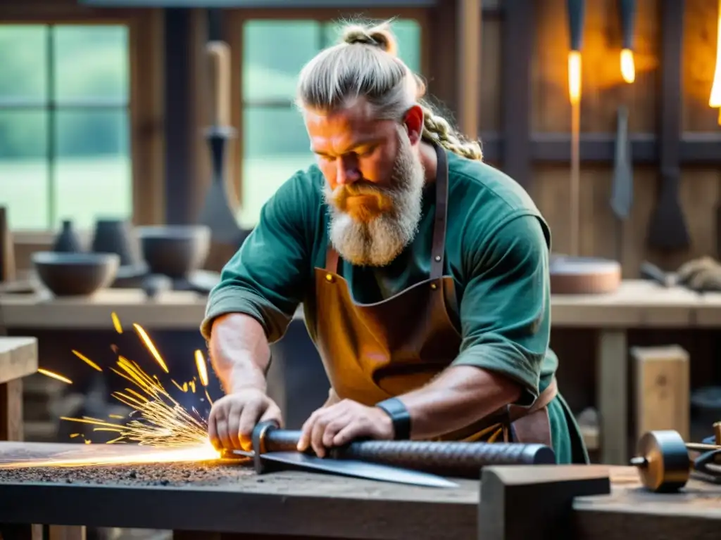 Un herrero experto forja una espada vikinga rodeado de herramientas y materiales, con metal fundido brillante y chispas volando en su taller rústico