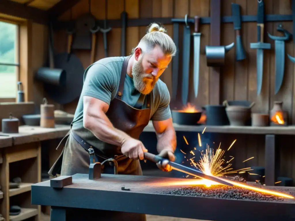 Un herrero experto forja una espada vikinga detallada en su taller tradicional, rodeado de herramientas y materiales brutos