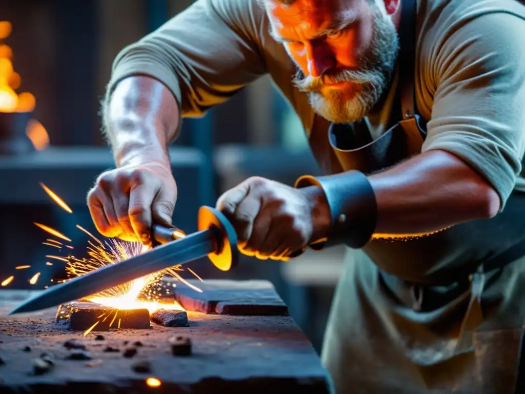 Un herrero experto forja con meticulosidad una réplica auténtica de espada vikinga, con chispas volando en su taller