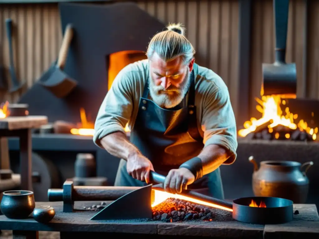 Un herrero experto recrea una réplica auténtica de un hacha vikinga en su taller, iluminado por brasas ardientes