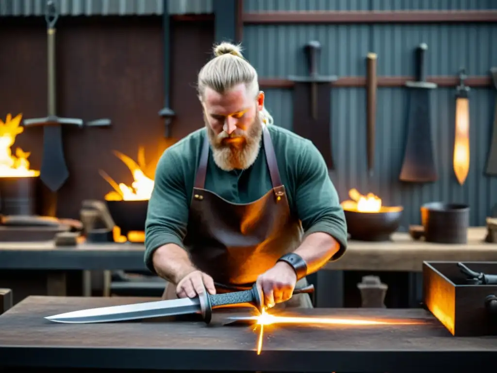 Un herrero experto forja una réplica moderna de una espada vikinga en un taller tenue