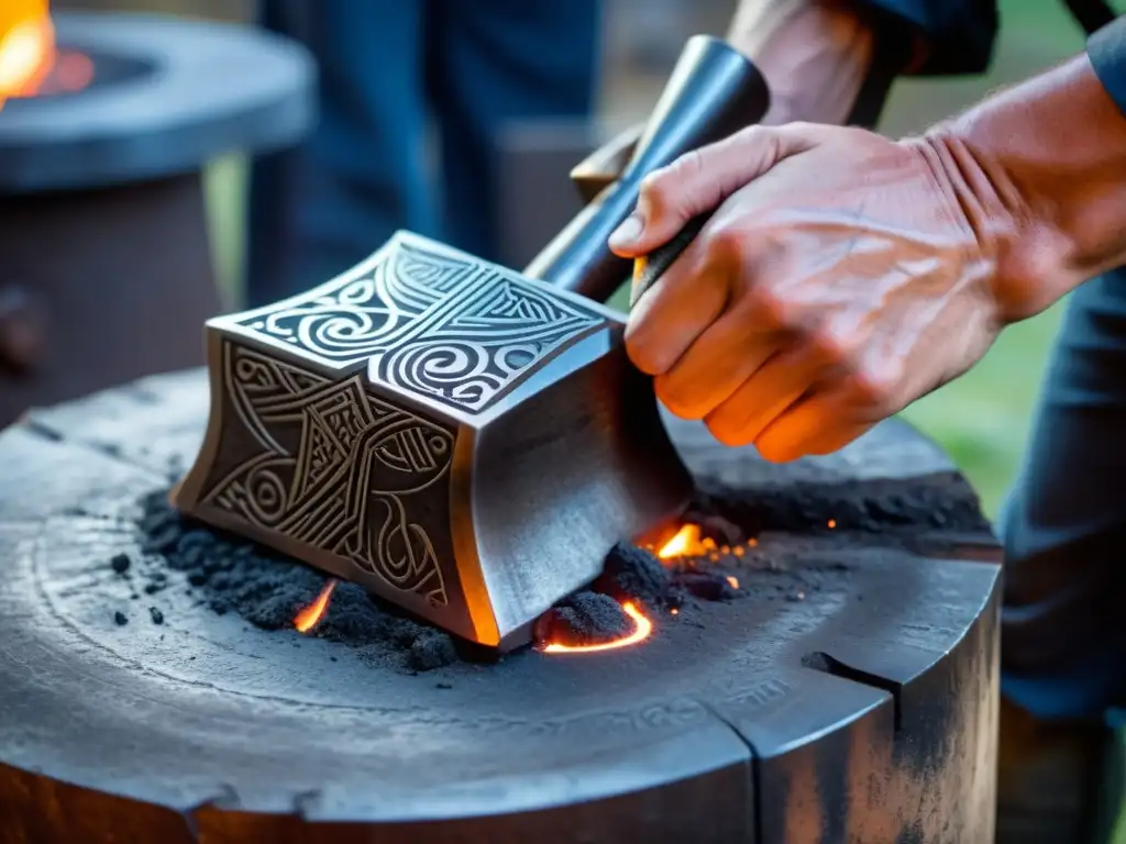 Un herrero experto forja una réplica perfecta del Martillo de Thor, con detalles nórdicos y un aura poderosa