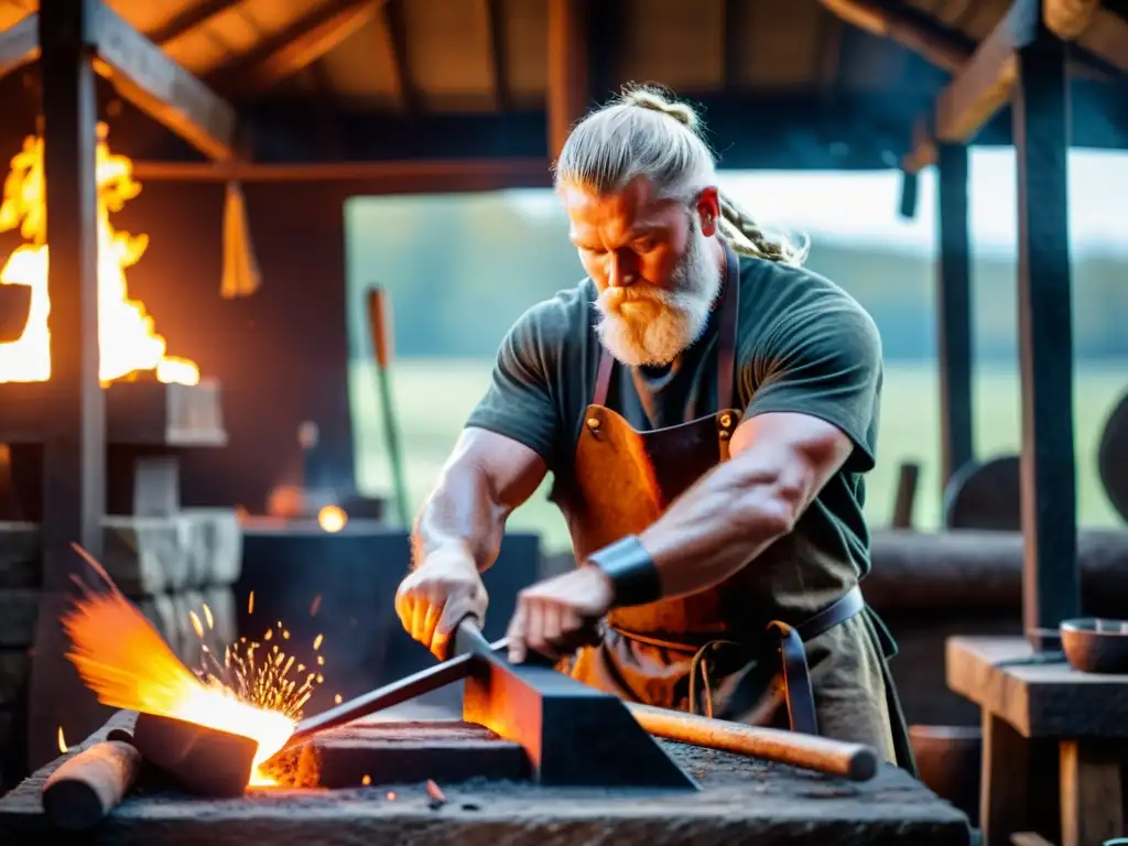 Un herrero habilidoso forja una espada vikinga rodeado de herramientas en un ambiente tradicional