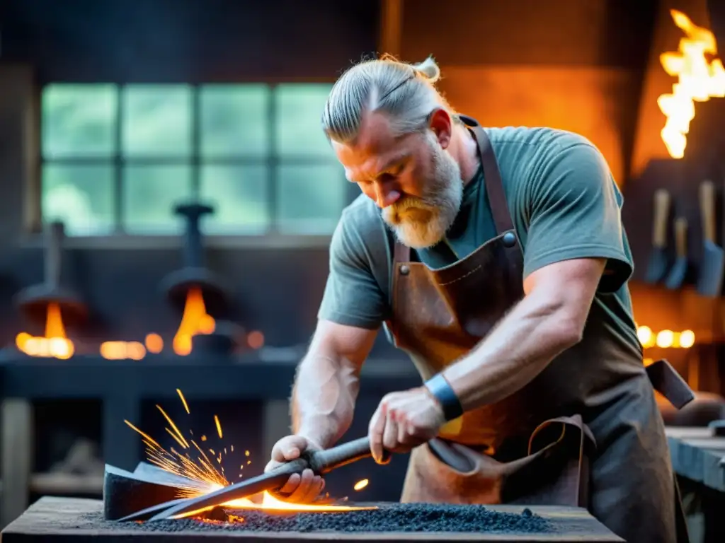 Un herrero forja un hacha vikinga en su taller, rodeado de herramientas y decoraciones vikingas, reflejando la artesanía ancestral en la vida moderna