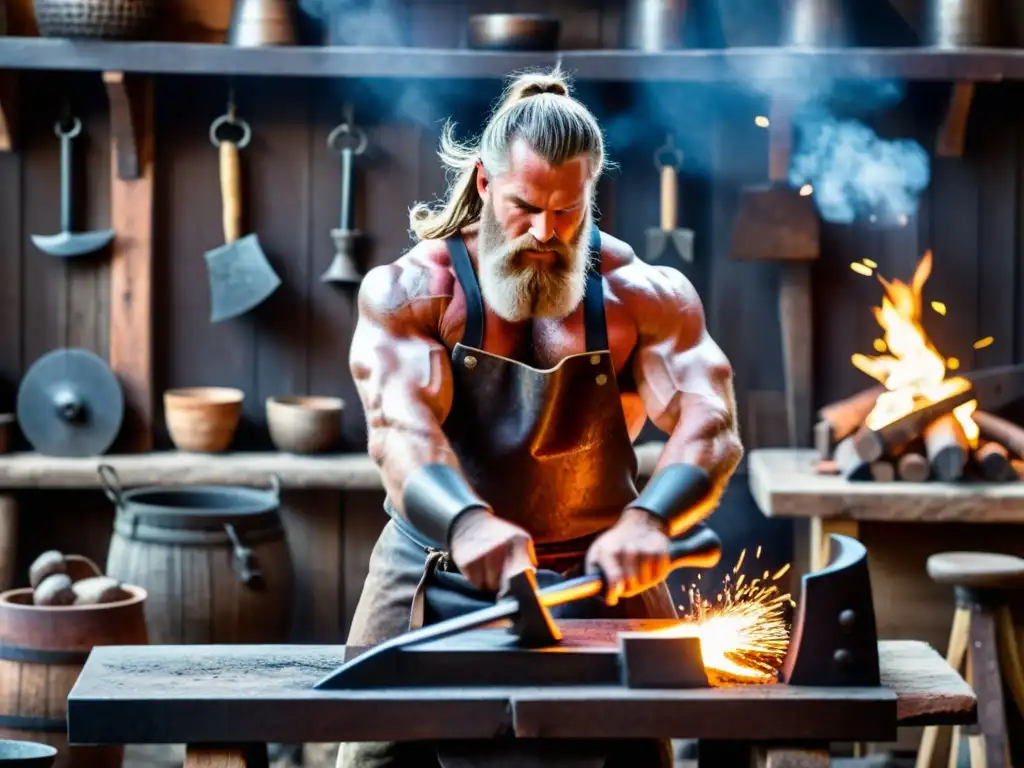 Un herrero forjando herramientas vikingas en medio de chispas y herramientas tradicionales, representando la vida moderna