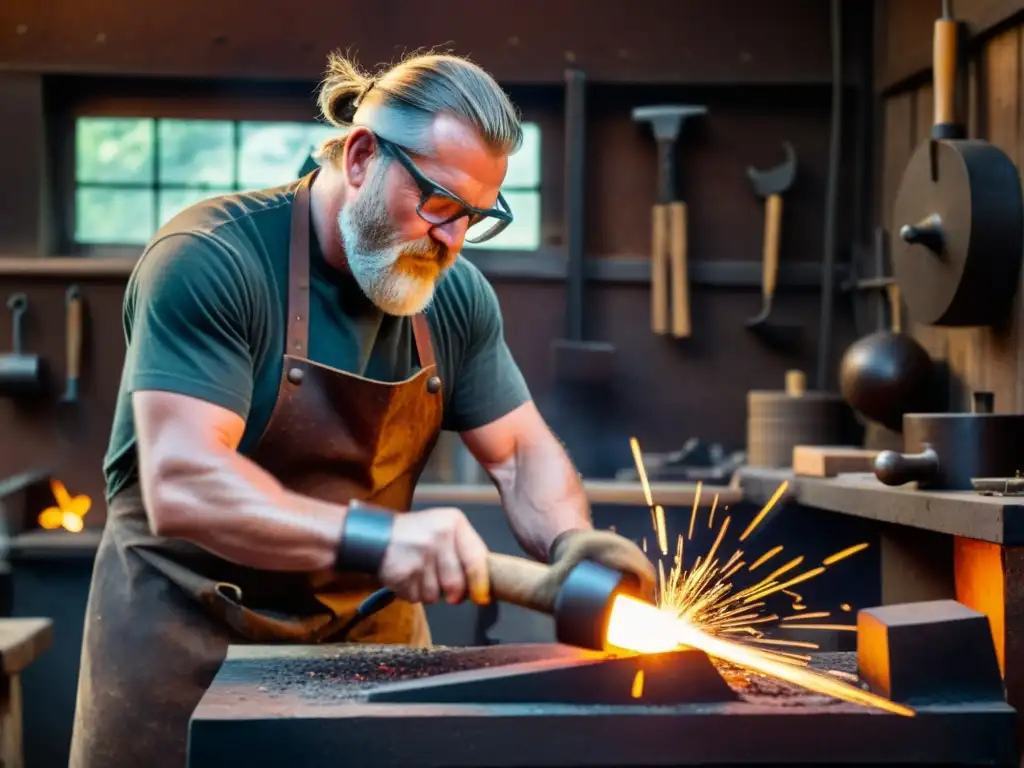 Un herrero forja un martillo decorativo vikingo en su taller, rodeado de herramientas, chispas y símbolos nórdicos