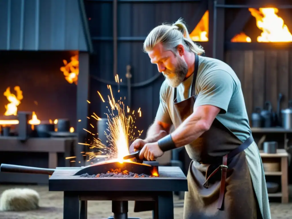 Un herrero moderno recrea armas vikingas en narrativa épica, forjando una espada rodeado de herramientas tradicionales y una fragua ardiente