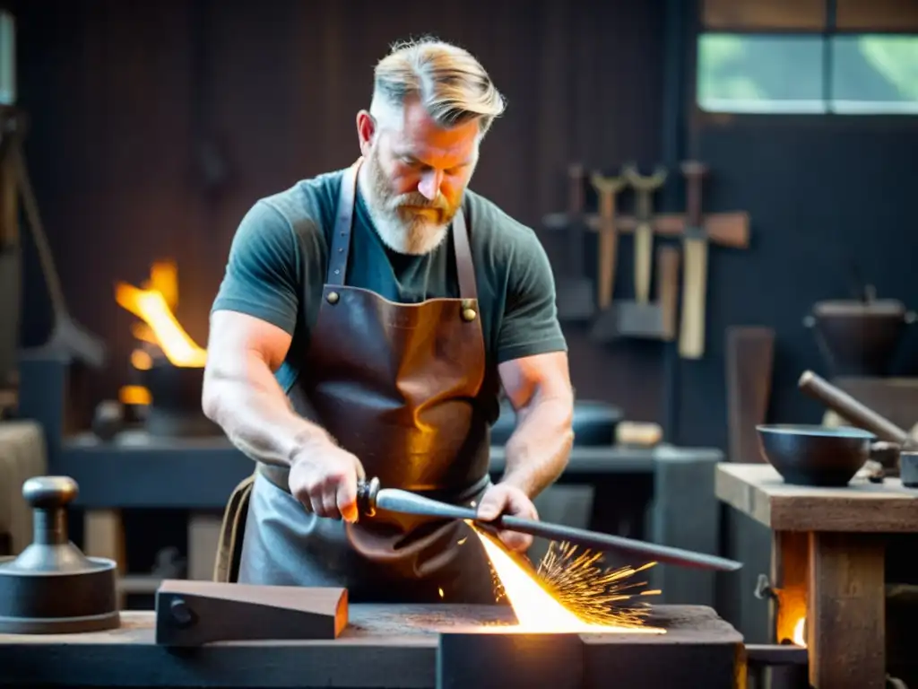 Artesanía vikinga contemporánea: Forja en acción Un herrero moderno en una fragua tenue, forjando metal al estilo vikingo