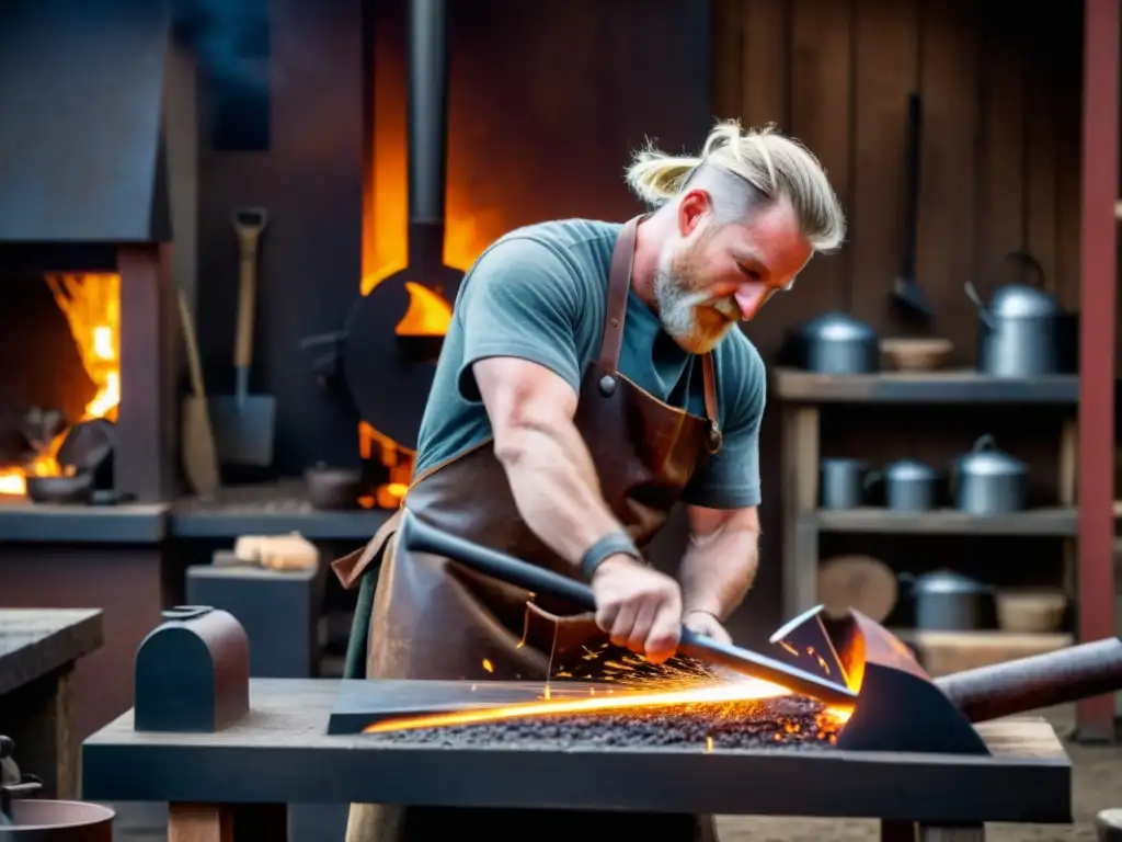 Un herrero moderno forjando herramientas vikingas en un taller antiguo iluminado por el fuego, con detalles detallados y ambiente intenso