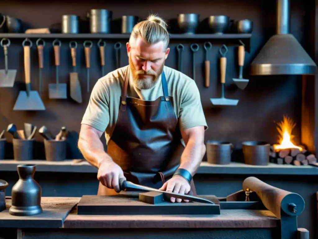 Un herrero moderno forja herramientas vikingas en un taller iluminado por la fragua, fusionando tradición y modernidad