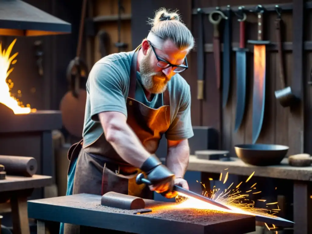 Un herrero moderno creando réplicas de espadas vikingas en su taller, rodeado de herramientas y materiales brutos, concentrado en su trabajo