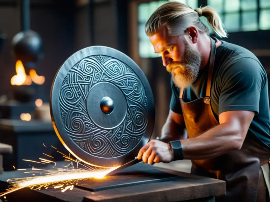 Un herrero moderno grabando símbolos mitológicos en un escudo vikingo, en un taller lleno de chispas y destreza artesanal