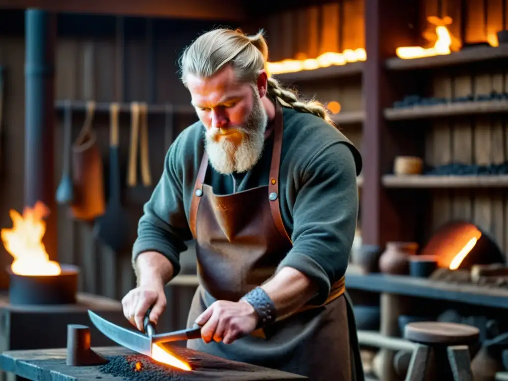 Un herrero nórdico confecciona un abrigo vikingo en su taller, rodeado de herramientas antiguas y luz tenue