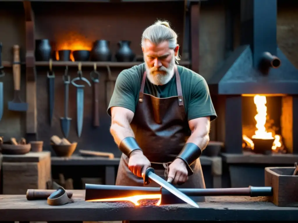 Un herrero forjando una réplica auténtica de espada vikinga en su taller iluminado por la fragua, con herramientas antiguas