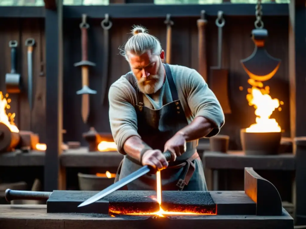 Un herrero forja una réplica de espada vikinga en su taller, rodeado de herramientas, brasas y diseños metalúrgicos