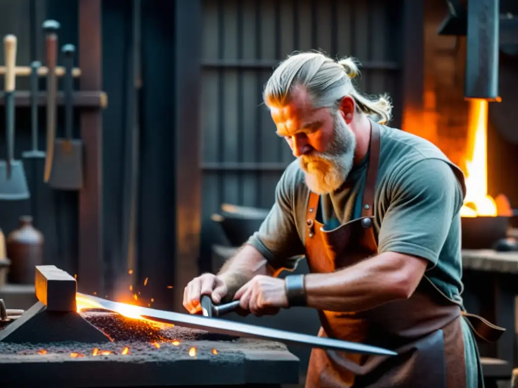 Un herrero crea réplicas de armas vikingas auténticas en su taller, rodeado de herramientas y metalurgia