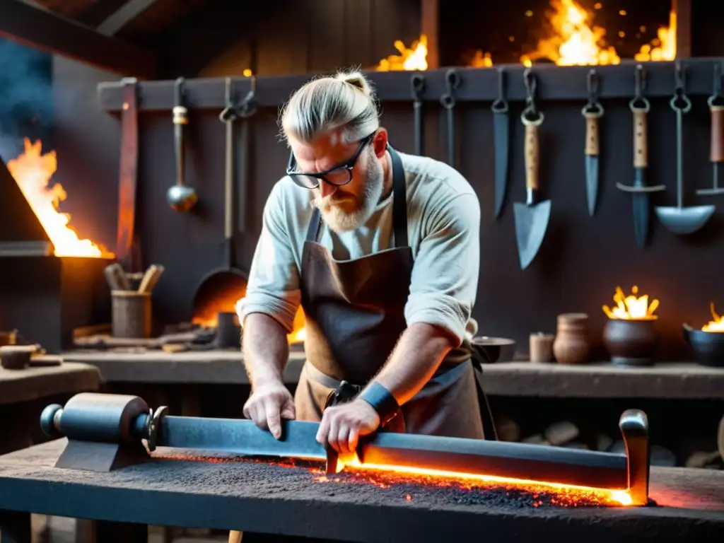 Un herrero crea réplicas de armas vikingas auténticas en un taller iluminado por brasas