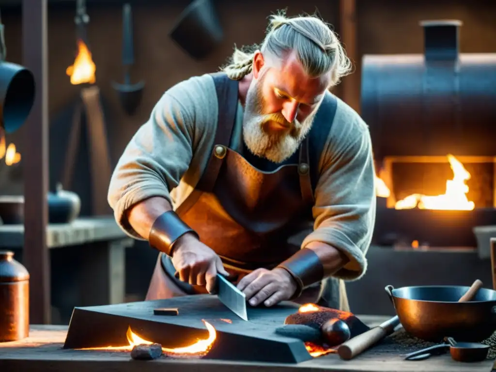 Un herrero trabaja en la selección de armadura vikinga rodeado de herramientas y metal, con el resplandor del fuego de la fragua