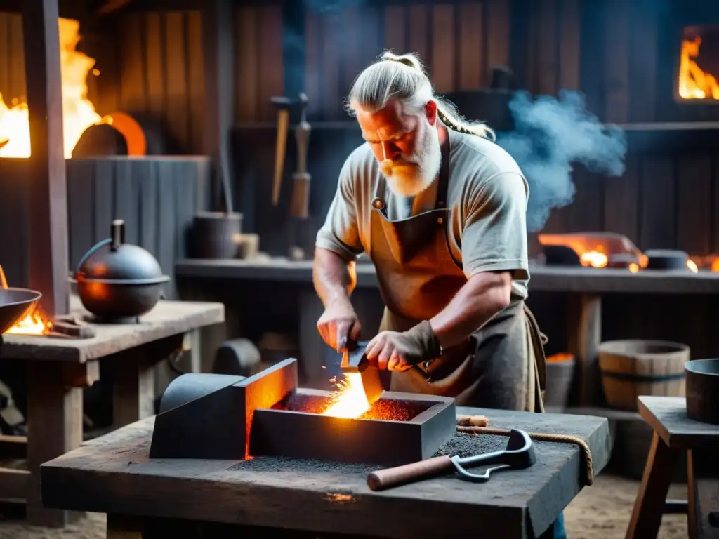 Un herrero en un taller vikingo forja con maestría una herramienta agrícola entre chispas y humo