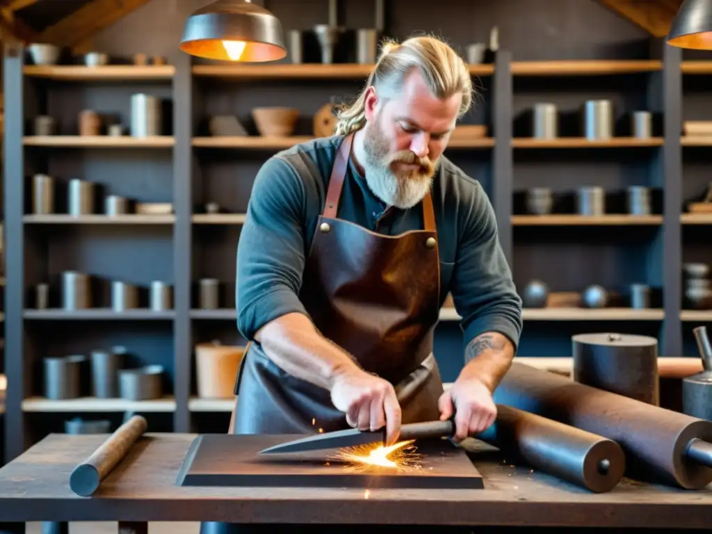 Un herrero forjando decoración vikinga en metal con herramientas tradicionales