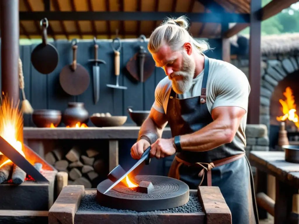 Un herrero vikingo forja una afilada daga con patrones nórdicos en una fragua, destacando la metalurgia en la cocina vikinga