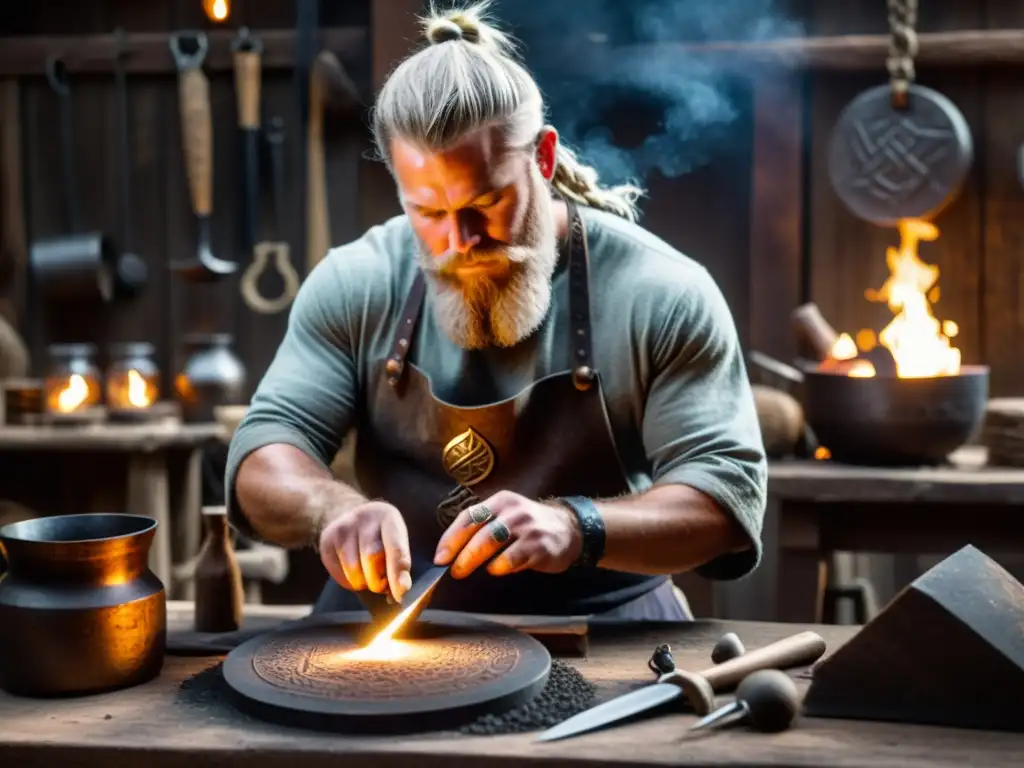 Un herrero vikingo crea un amuleto mágico bajo la luz de antorchas en su taller rústico