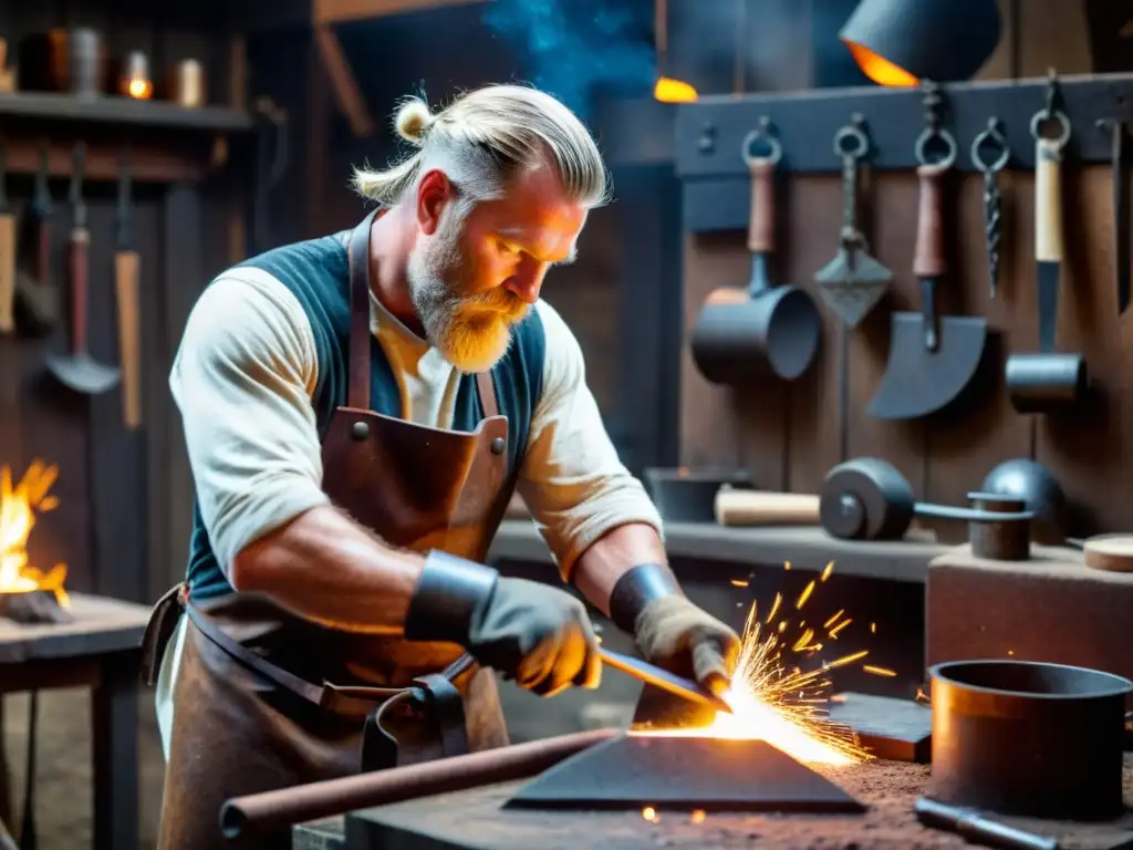 Un herrero Vikingo forja un amuleto en un taller iluminado tenue, rodeado de herramientas y símbolos nórdicos