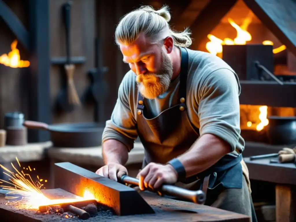 Un herrero vikingo forja una arma con herramientas tradicionales en una fragua ahumada, demostrando maestría en metalurgia vikinga