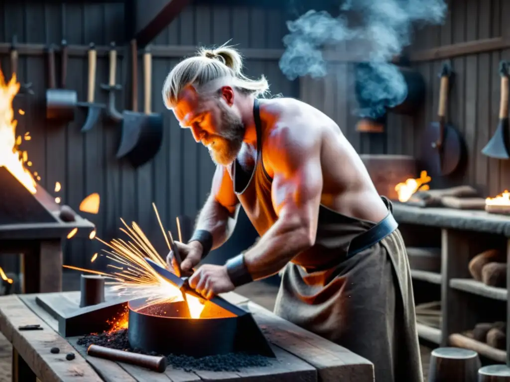 Un herrero vikingo forja armas con destreza en su taller iluminado por chispas y carbón