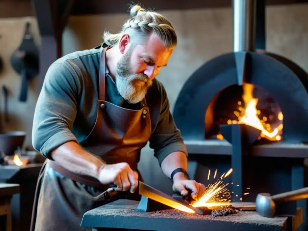 Un herrero vikingo martilleando una broche de plata, destacando el proceso de fabricación joyas vikingas