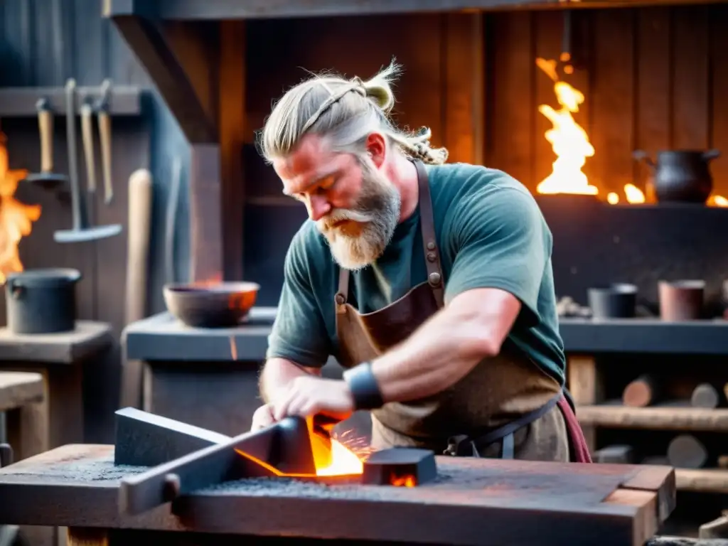 Un herrero vikingo concentrado forjando metal caliente en su yunque, rodeado de herramientas y diseños intrincados