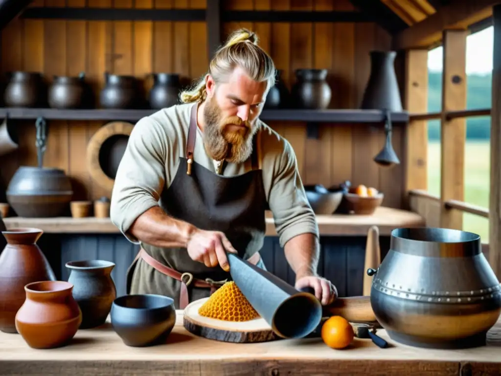 Un herrero vikingo elaborando un cuerno de hidromiel rodeado de ingredientes, en una escena rústica