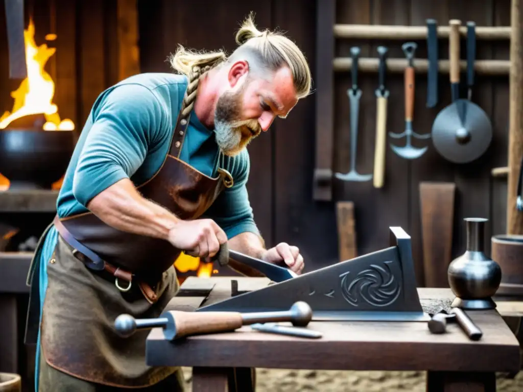 Un herrero vikingo forjando decoraciones metálicas rodeado de herramientas, reflejando la esencia de la decoración vikinga DIY