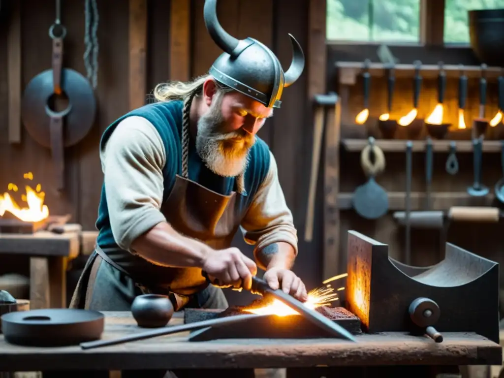 Un herrero vikingo forja metal con detalle en su taller iluminado, rodeado de herramientas tradicionales