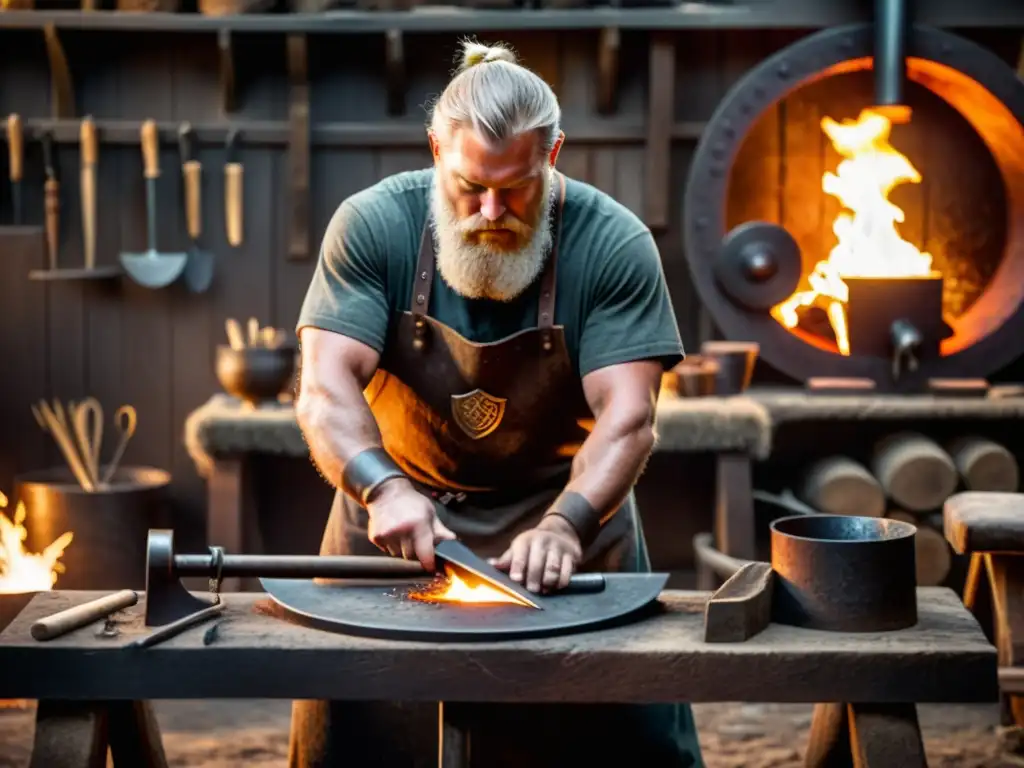 Un hábil herrero vikingo martilleando un escudo rodeado de herramientas y materiales en taller de forja con ambiente tenue