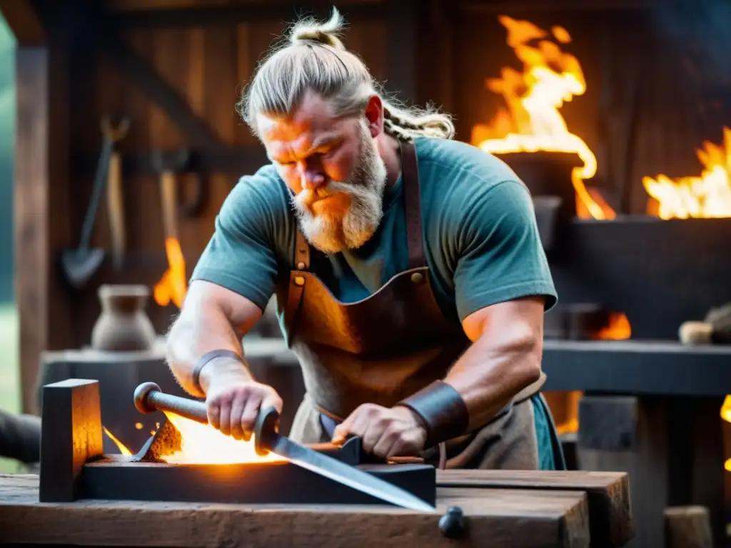 Un hábil herrero vikingo forjando una espada caliente en yunque, rodeado de herramientas y armas de la época vikinga