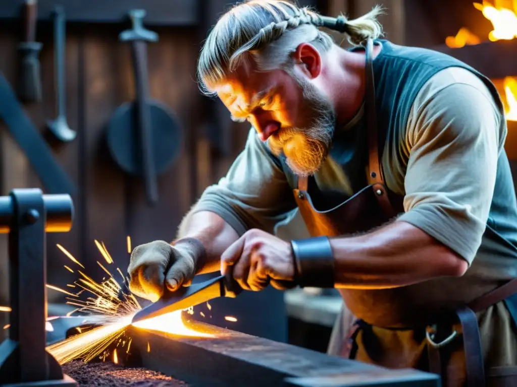 Un herrero vikingo forja una espada detallada en una herrería ahumada, destacando la artesanía de las herramientas vikingas