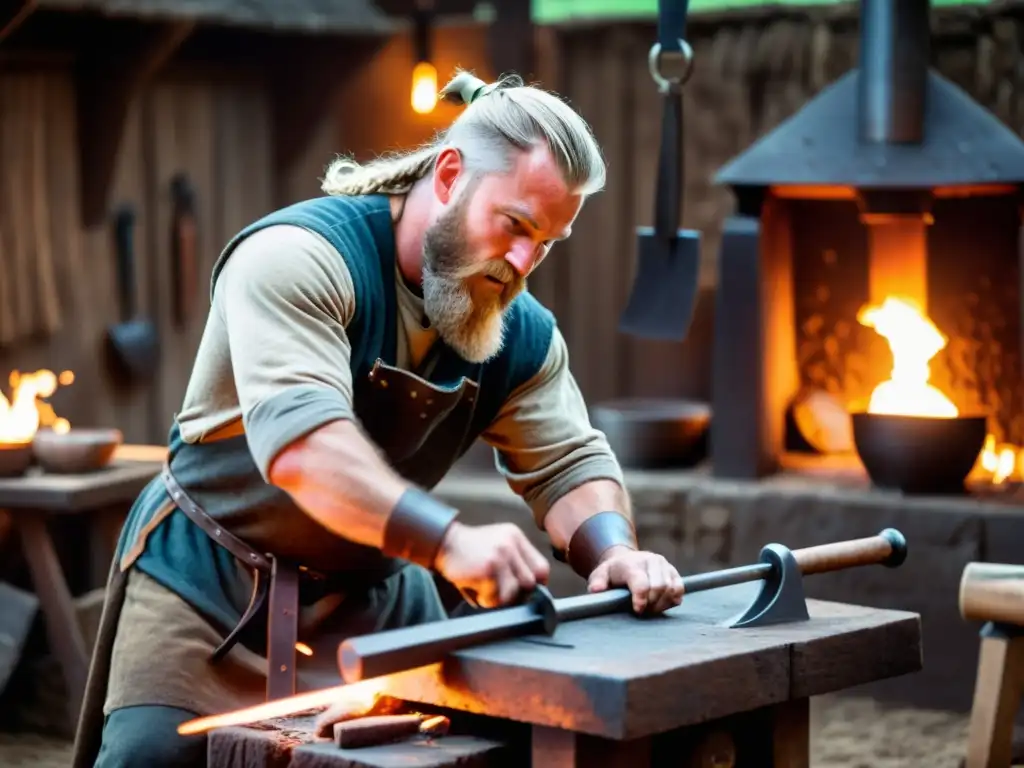 Forja vikinga en acción: espada ardiente y armas ancestrales Un herrero vikingo forja una espada con herramientas tradicionales en una herrería iluminada por el resplandor de la fragua