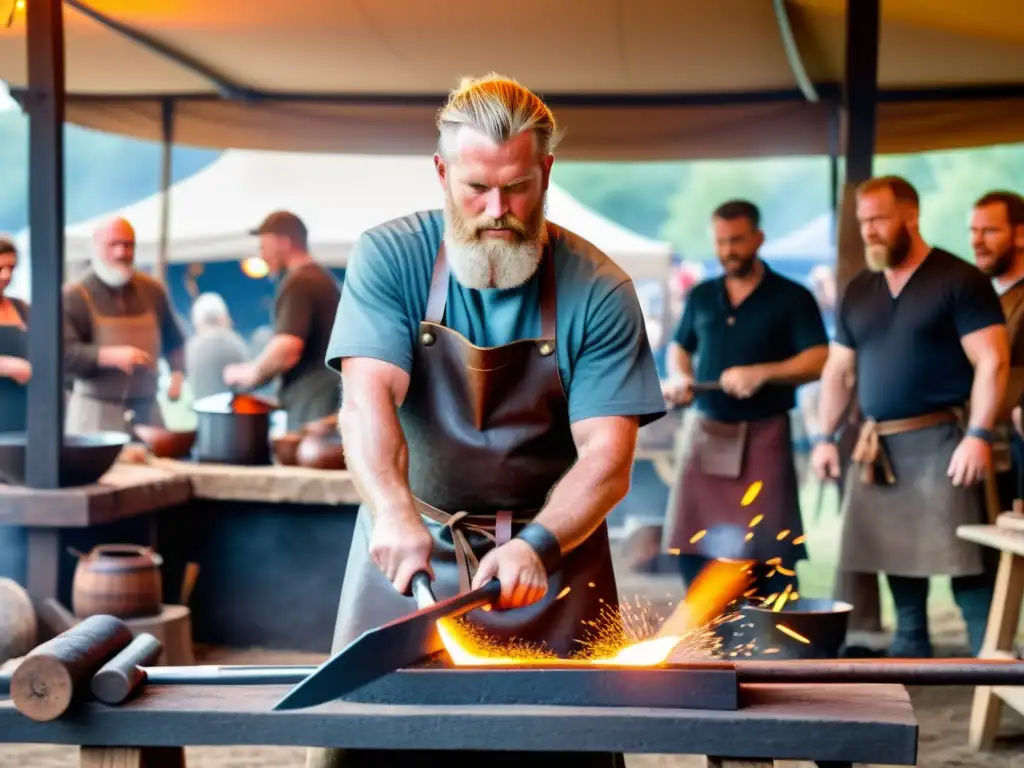 Un herrero vikingo forja una espada mientras la multitud observa con admiración en una demostración en vivo de forja vikinga