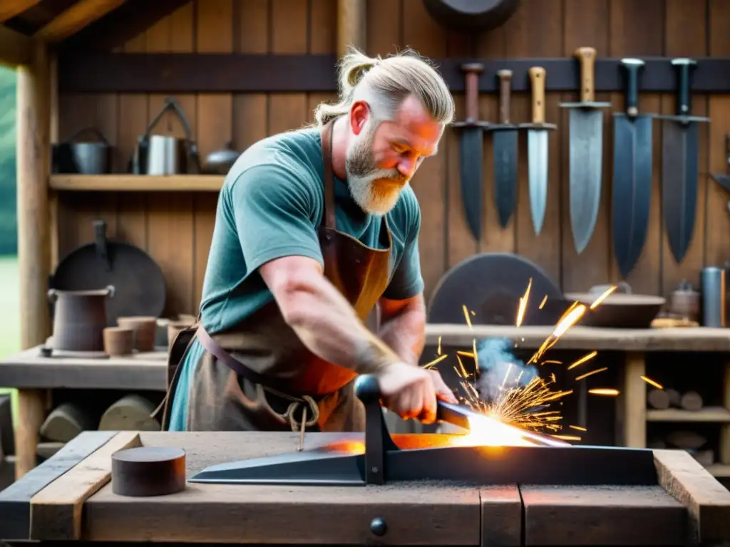 Un herrero vikingo forjando una espada rodeado de herramientas en su taller rústico