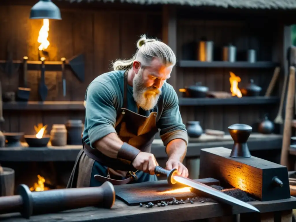 Un herrero vikingo elaborando una espada rodeado de herramientas en un taller sombrío