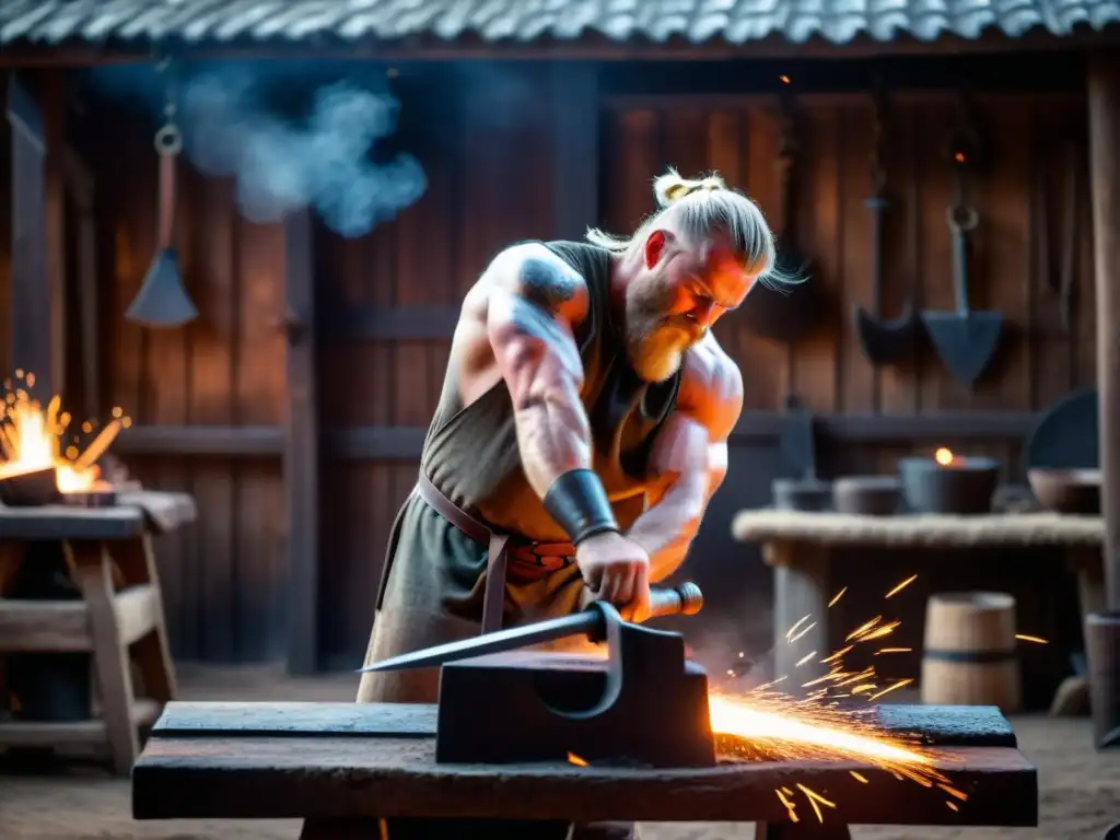 Un herrero vikingo forja una espada en su taller con herramientas y armas colgando