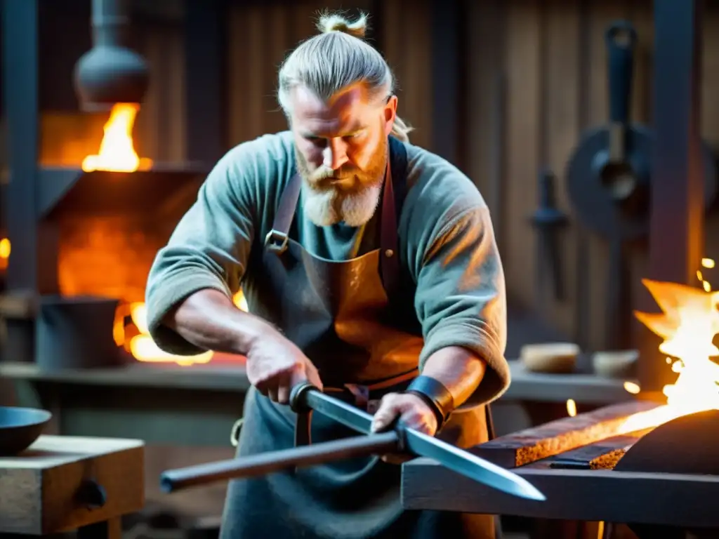 Un herrero vikingo forja una espada en un taller oscuro, destacando la aplicación educativa de metalurgia vikinga