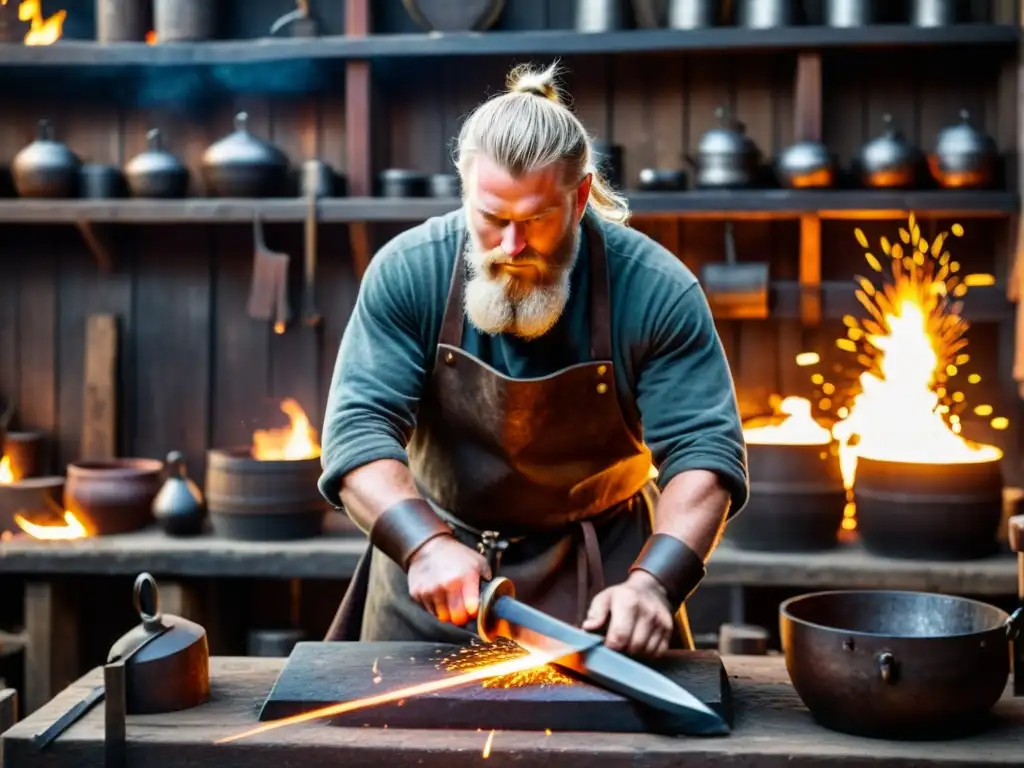 Un herrero vikingo forja una espada en un taller iluminado por forjas calientes y armas antiguas